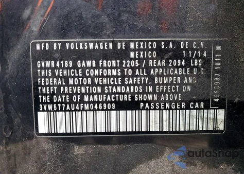 2015 Volkswagen Gti из США, поврежденный, VIN 3VW5T7AU4FM046909